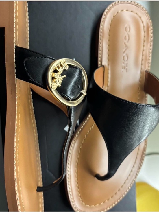 Coach Shoes - Coach Black Leather Thong Sandals with Gold Coach Carriage Buckle